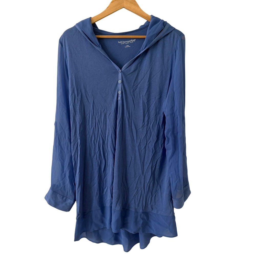 Soft Surroundings Tunic Women Large Blue Excellent Hooded Silk Trim Roll Tab